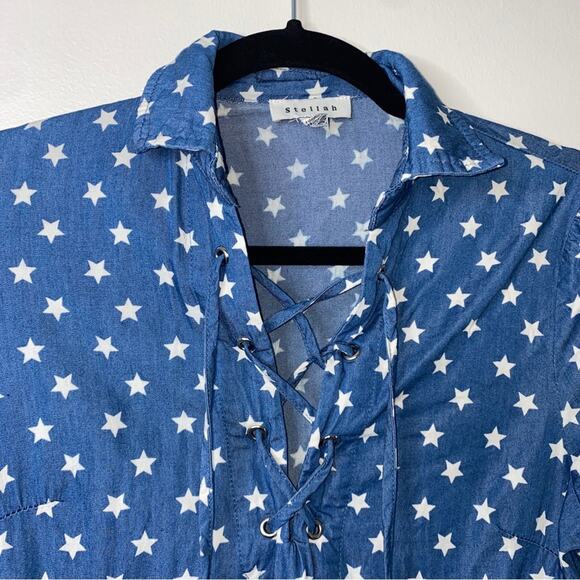 Stellah Blue Denim White 4th of July USA Star Print Boho Tunic Shift Dress XS - Picture 3 of 10